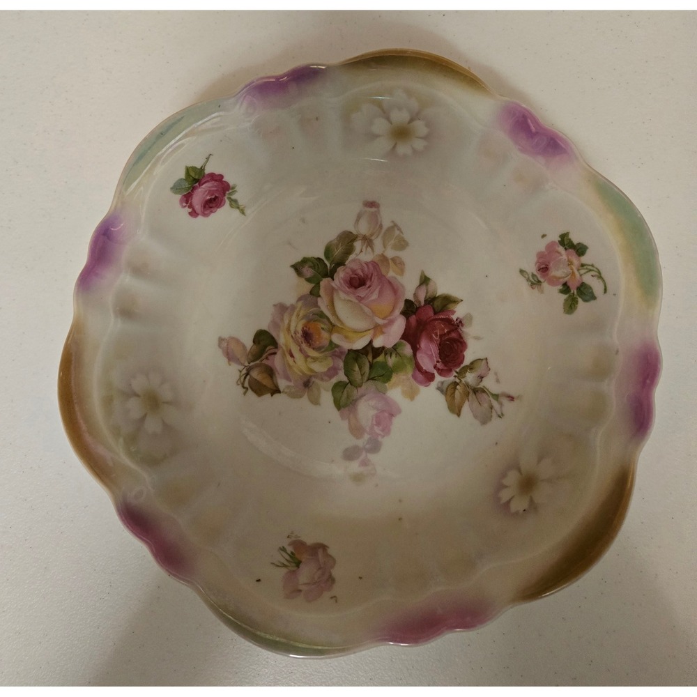 Vintage Bavaria Floral Porcelain Bowl Scalloped Edge Roses Germany 9" - Picture 2 of 11